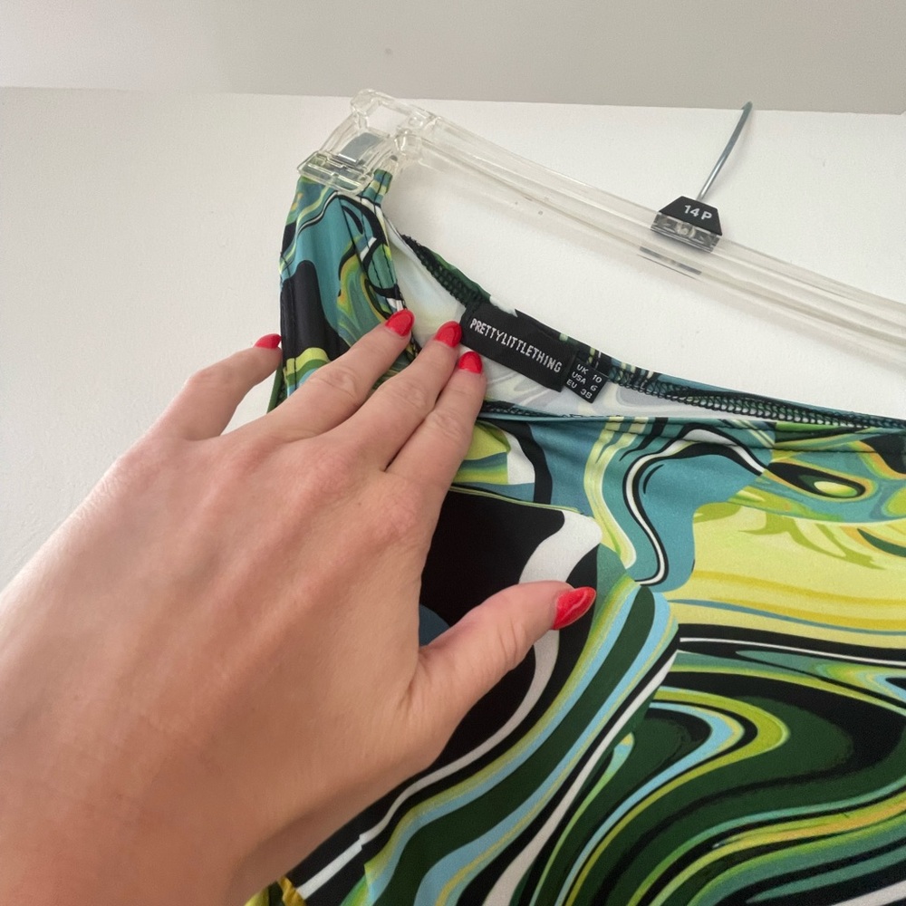 Green Abstract Print One Shoulder Diagonal Ruching Midaxi - Picture 6 of 6